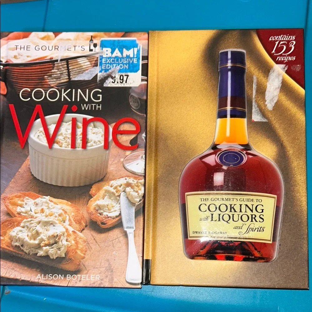 Two cookbooks cooking with wine and cooking with liquors